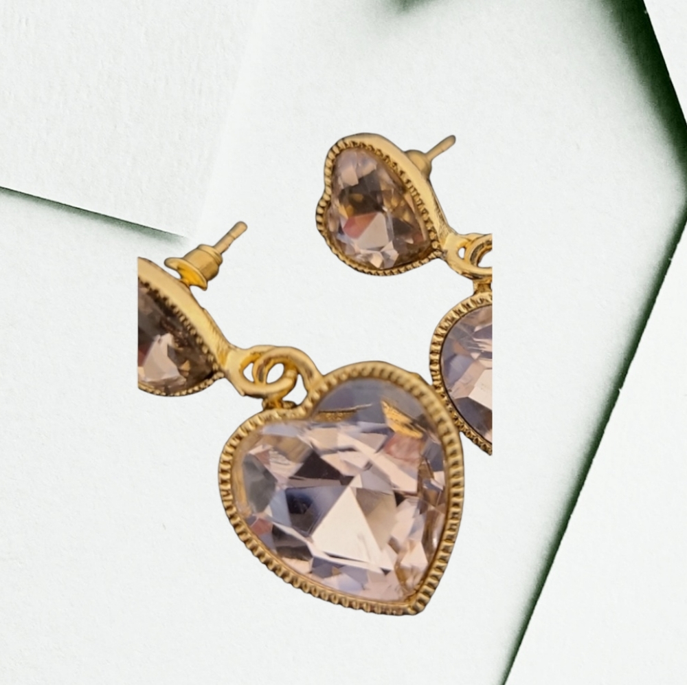 💞 WOMEN'S VINTAGE EARRINGS PINK HART'S DROPS - Picture 2 of 4